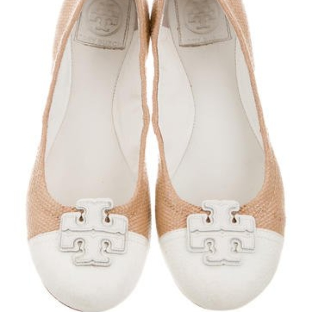 Tory Burch White and Beige Straw Flats size 10.5